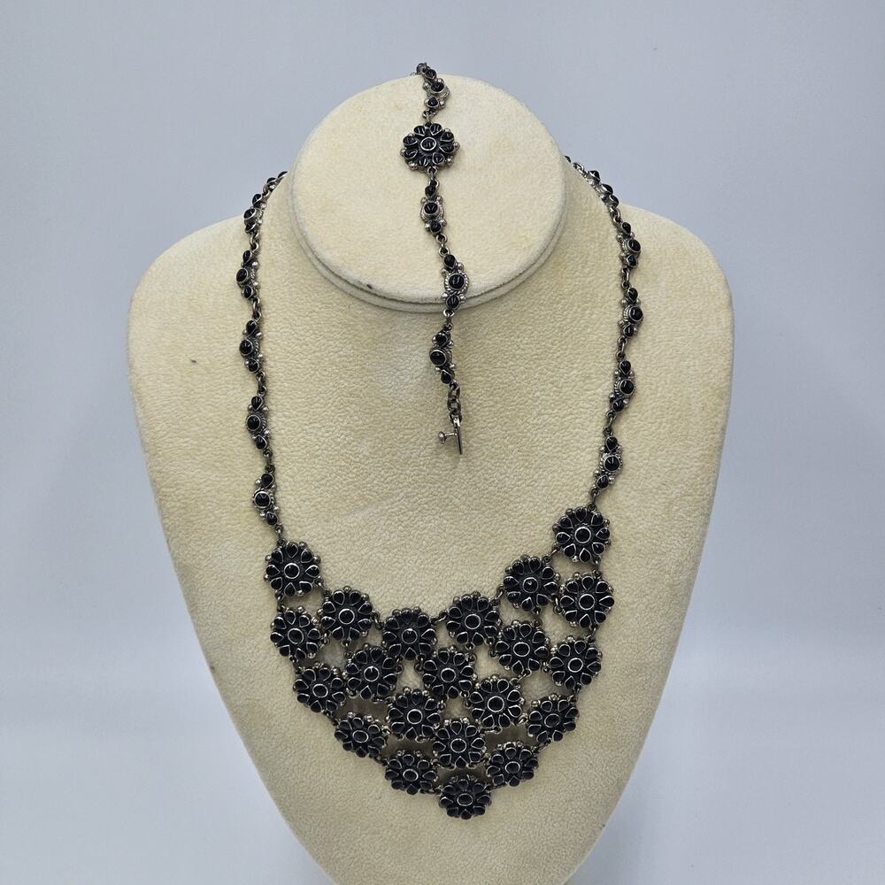 Vintage Taxco Sterling Silver Flower Floral Bib Necklace Bracelet Set Mexico - Picture 2 of 15